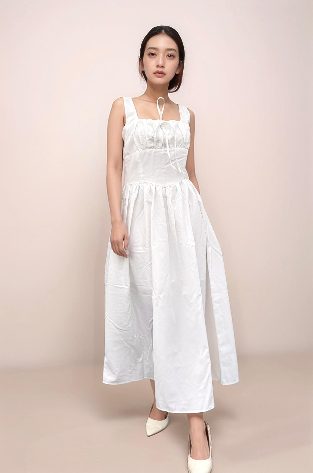 AUBREE FRONT TIE RUCHED MAXI DRESS (WHITE)