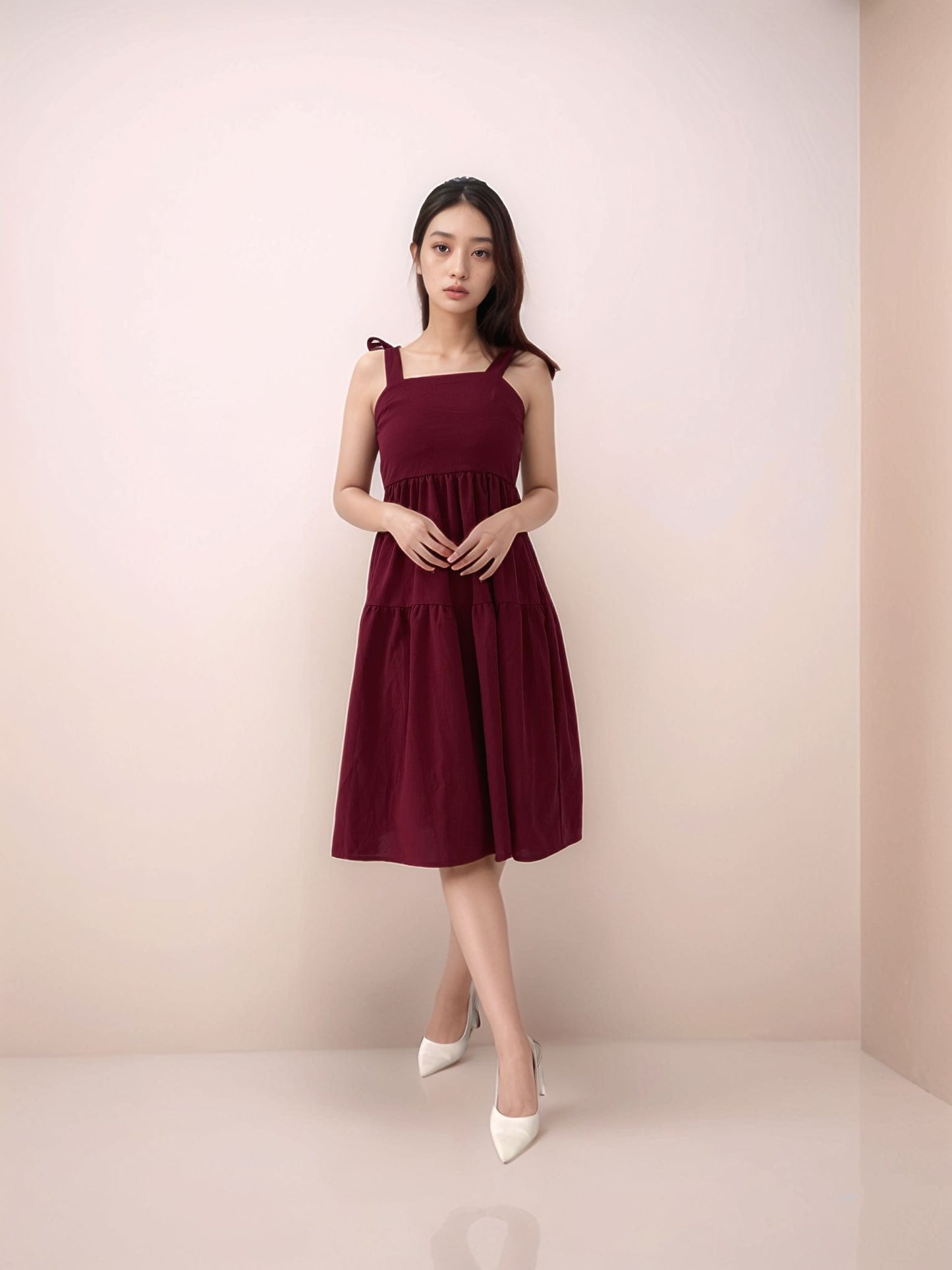 AMELIA TIE RIBBON TIERED MIDI DRESS