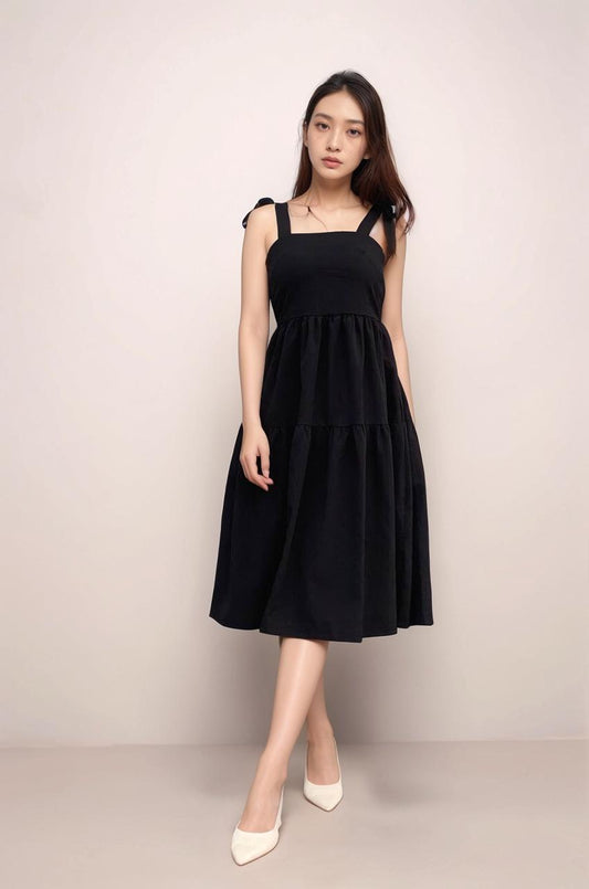 AMELIA TIE RIBBON TIERED MIDI DRESS