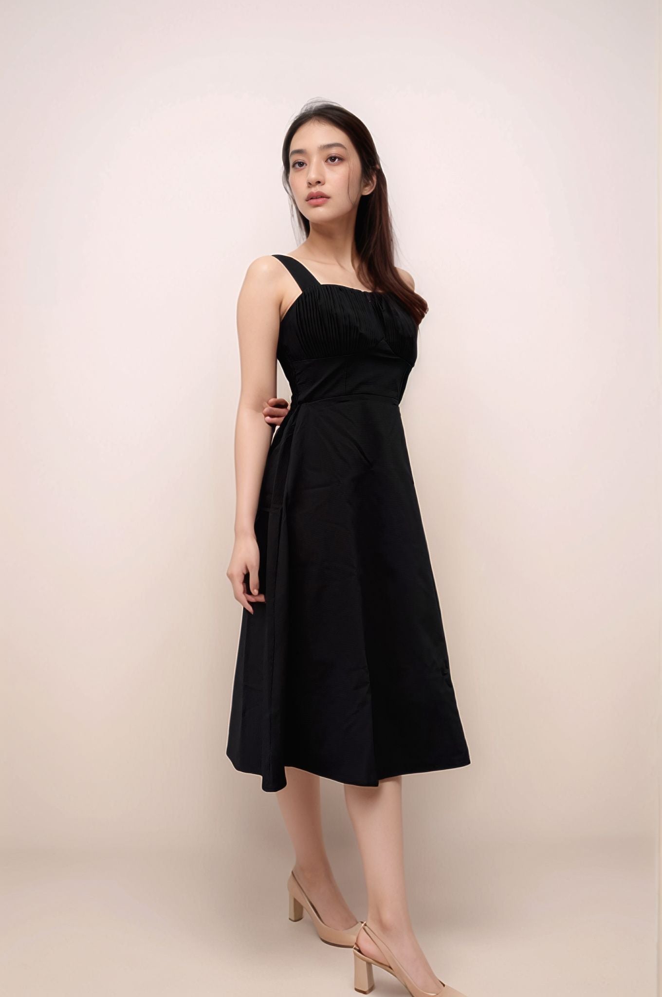 KYRIA PADDED RUCHED TEXTURED MIDI DRESS