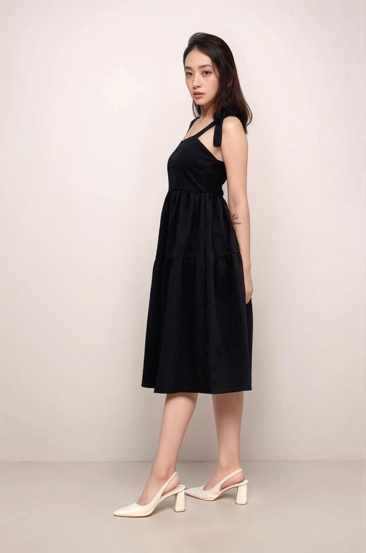 AMELIA TIE RIBBON TIERED MIDI DRESS