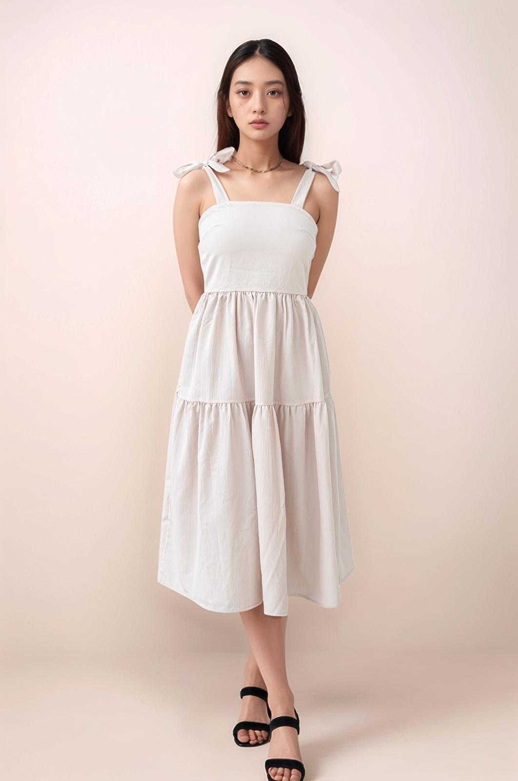 AMELIA TIE RIBBON TIERED MIDI DRESS