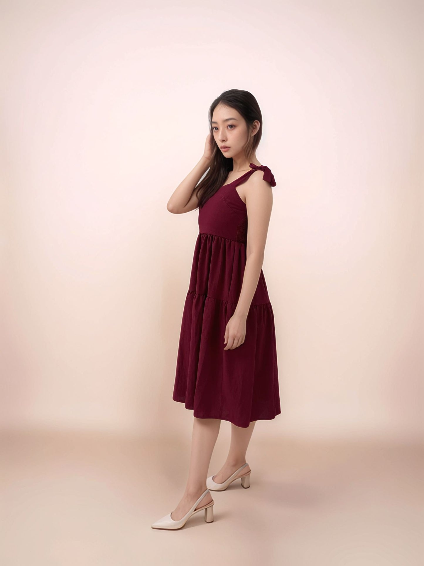 AMELIA TIE RIBBON TIERED MIDI DRESS