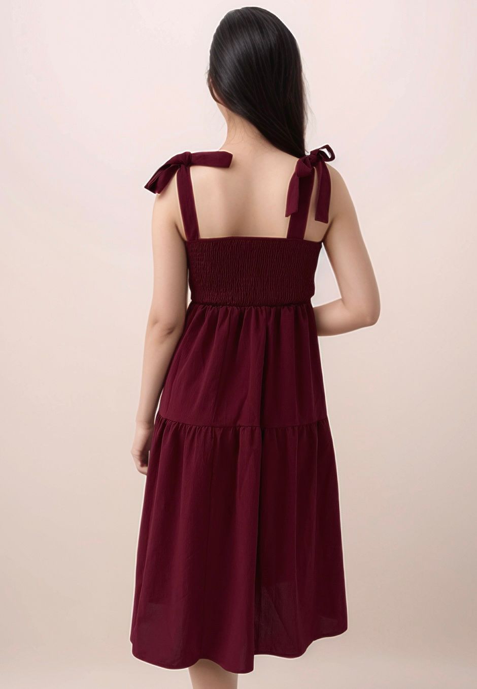 AMELIA TIE RIBBON TIERED MIDI DRESS