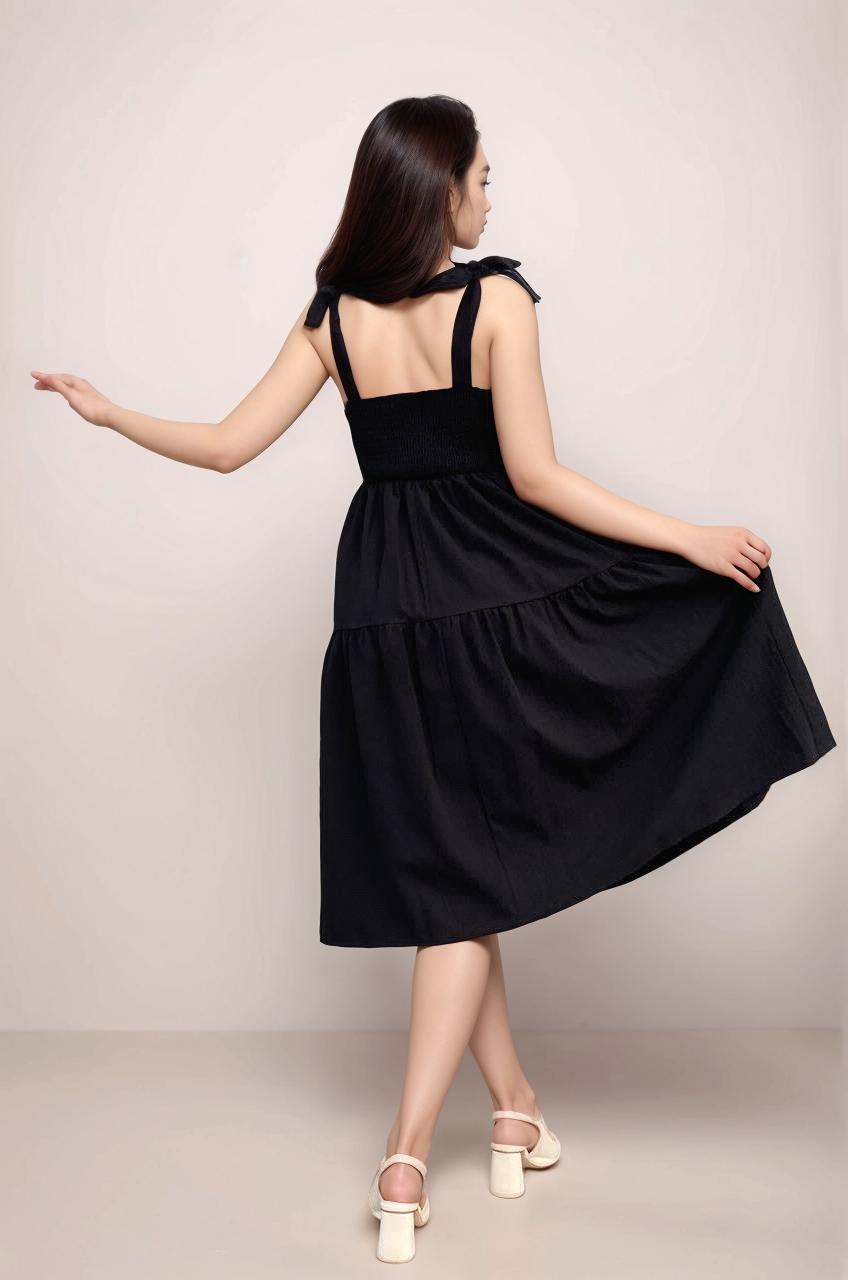 AMELIA TIE RIBBON TIERED MIDI DRESS