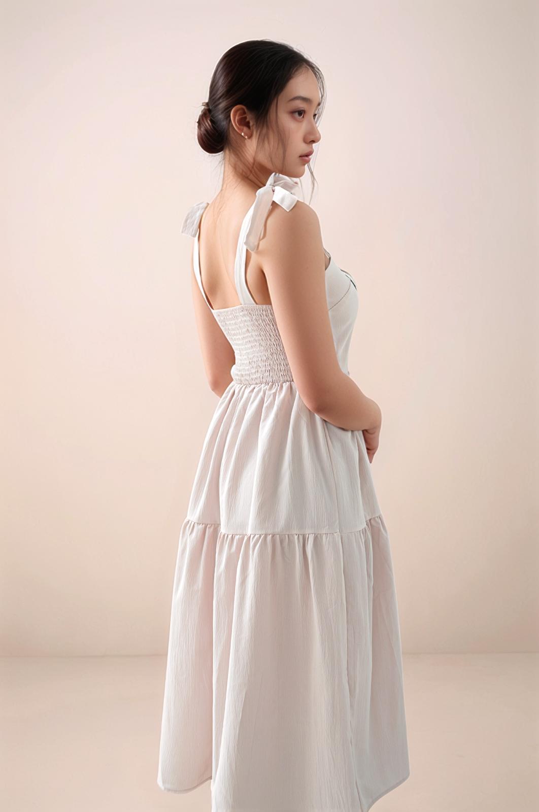 AMELIA TIE RIBBON TIERED MIDI DRESS