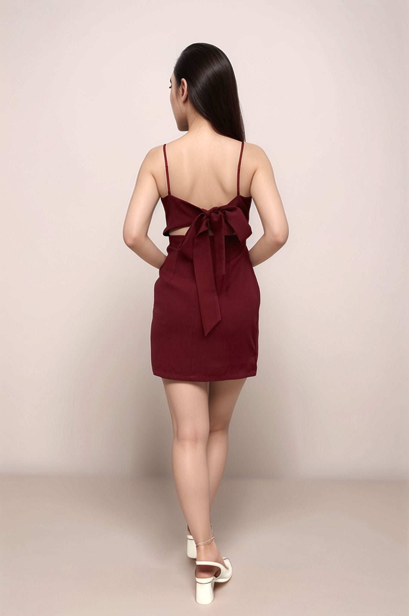 EXCLUSIVE VICKI OPEN BACK RIBBON MINI DRESS - WINE RED